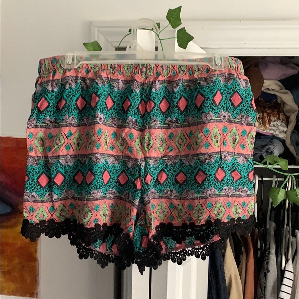 Colorful Patterned Shorts with Lace Trim